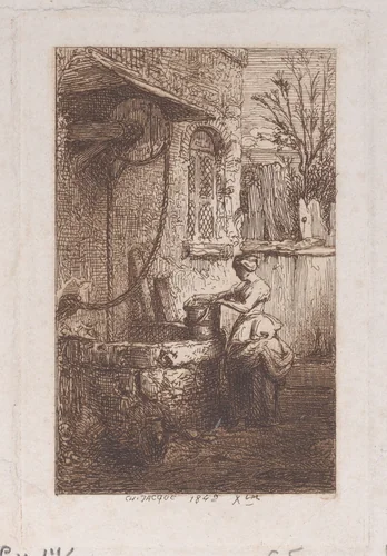Woman at a Well by Charles Jacque, print, 1842