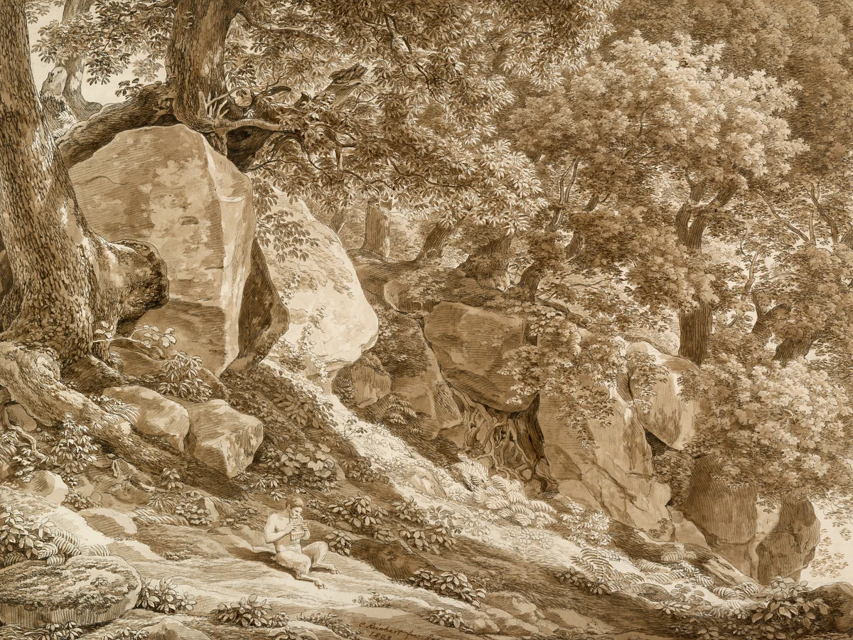 Rocky Landscape with Pan Playing His Flute (In the Park of the Villa Chigi, Ariccia) by Johann Christian Reinhart, drawing, 1808