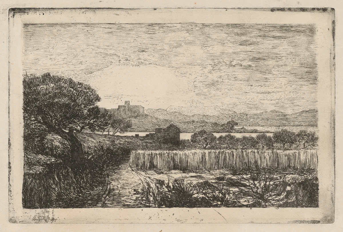 Village Overlooking a Bay by André-Marie-Paul Borel, print, 1880-1882