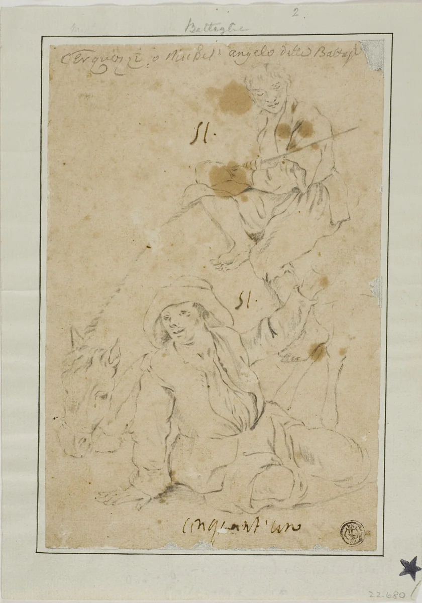 Two Peasants with Donkey by Michelangelo Cerquozzi, drawing, 1632-1660