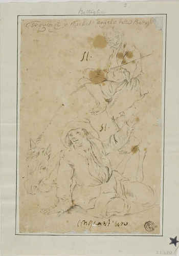 Two Peasants with Donkey by Michelangelo Cerquozzi, drawing, 1632-1660
