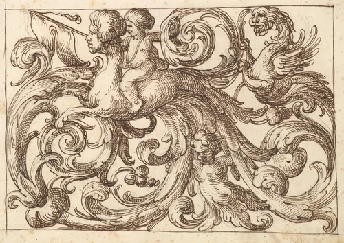 Horizontal Panel Design with a Sphinx, Two Putti and a Lionesque Fantastical Creature Interspersed Between Acanthus Rinceaux. by anonymous, drawing, 1600-1650