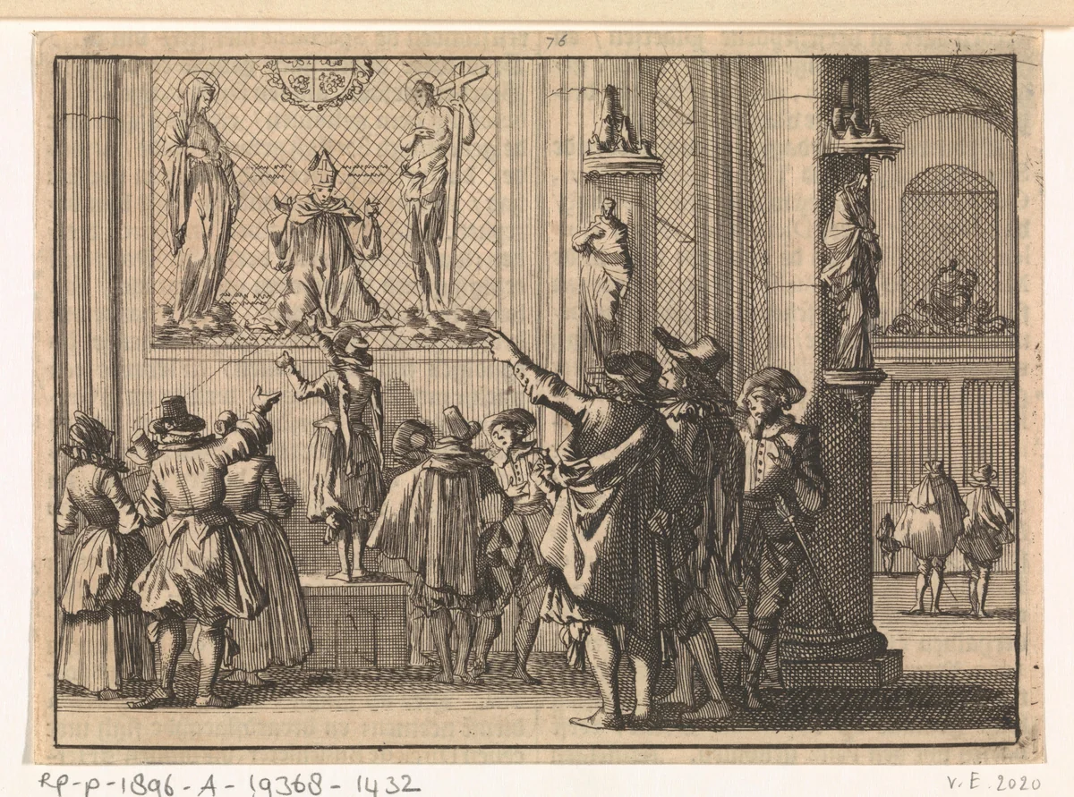 Geschilderd venster, na de verovering van Den Bosch in de kerk aldaar gevonden, voorstellende bisschop Gisbertus Marius tussen Christus en Maria, 1629 by Caspar Luyken, print, 1698