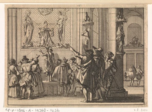 Geschilderd venster, na de verovering van Den Bosch in de kerk aldaar gevonden, voorstellende bisschop Gisbertus Marius tussen Christus en Maria, 1629 by Caspar Luyken, print, 1698