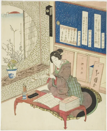Woman reading poems in a study room by Katsushika Hokuga, print, 1828-1838