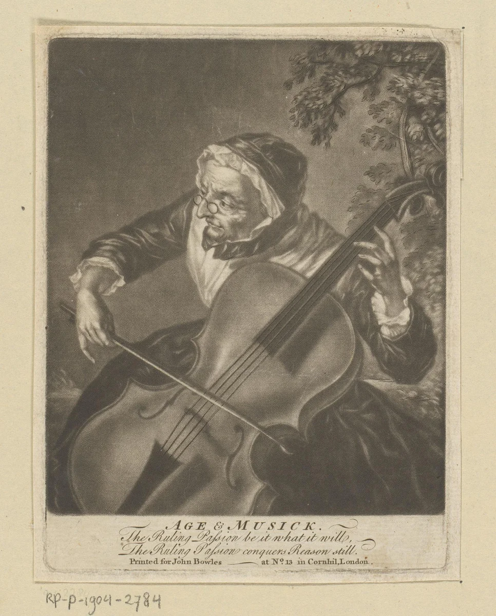 Oude vrouw speelt cello by anonymous, print, 1760-1779