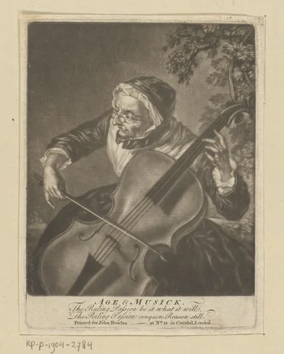 Oude vrouw speelt cello by anonymous, print, 1760-1779