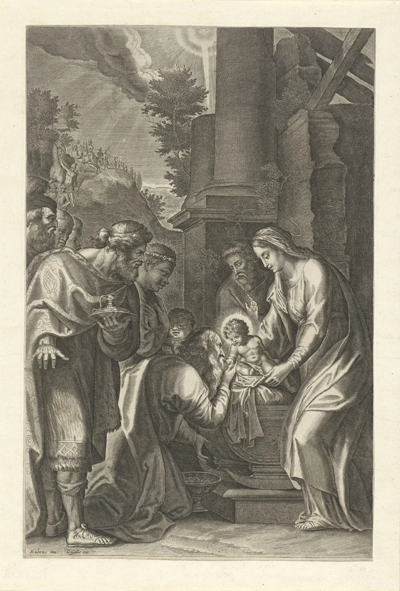 Aanbidding der koningen by anonymous, print, 1614-1650