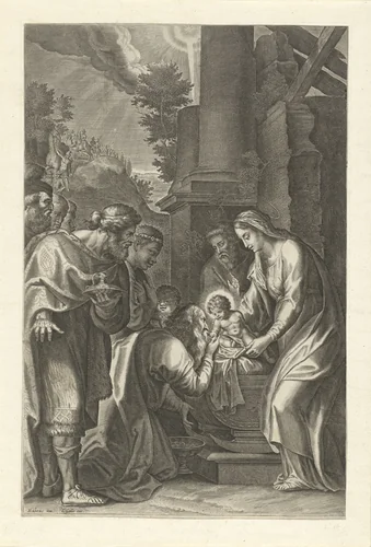 Aanbidding der koningen by anonymous, print, 1614-1650