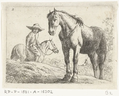 Twee paarden, één met ruiter by Jan van Aken, print, 1624-1661