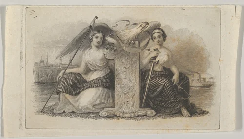 Banknote vignette with female figures representing Liberty and Justice by Asher Brown Durand, print, 1819-1837