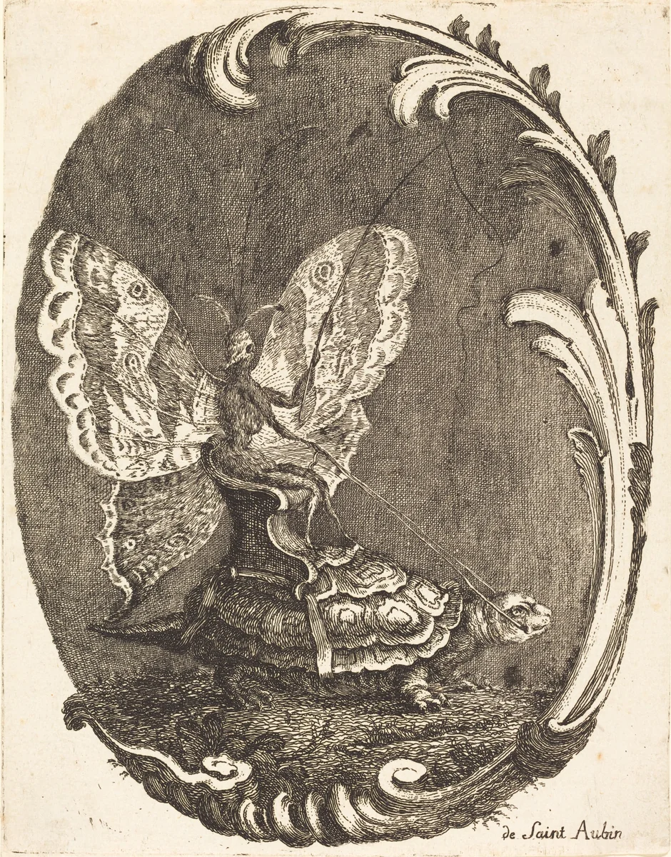 Le Papillon et la Tortue (The Butterfly and the Turtle) by Charles Germain de Saint-Aubin, print, 1756