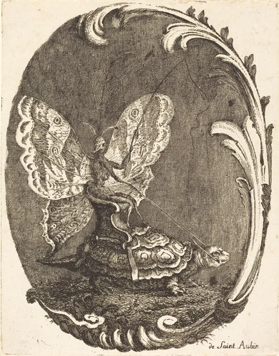 Le Papillon et la Tortue (The Butterfly and the Turtle) by Charles Germain de Saint-Aubin, print, 1756