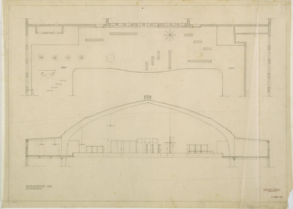 The Dwelling of Our Time, German Building Exhibition, Berlin, Germany (Plan and elevation of interior-finishing-materials exhibit, gallery of Hall II) by Lilly Reich, mies van der rohe archive, 1931