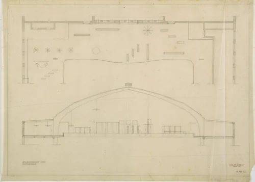 The Dwelling of Our Time, German Building Exhibition, Berlin, Germany (Plan and elevation of interior-finishing-materials exhibit, gallery of Hall II) by Lilly Reich, mies van der rohe archive, 1931