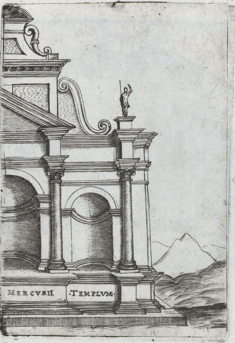 Palatium Caesaris Parisiis, from a Series of Prints depicting (reconstructed) Buildings from Roman Antiquity by Monogrammist G.A. with the Caltrop, book, 1530-1550