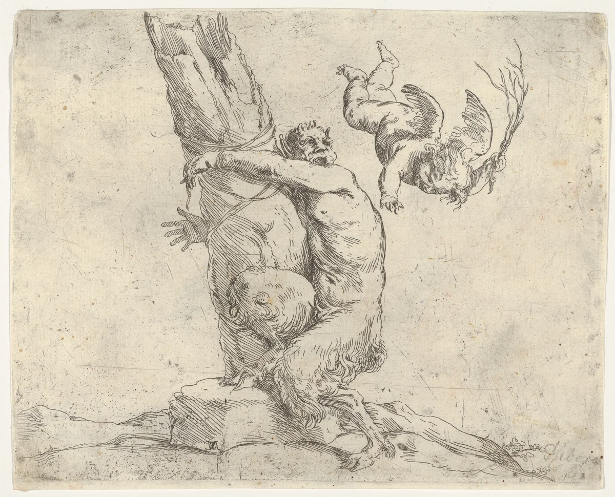 A winged putto flogging a satyr tied to a tree by Jusepe de Ribera, print, 1620-1655