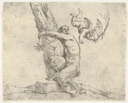 A winged putto flogging a satyr tied to a tree by Jusepe de Ribera, print, 1620-1655