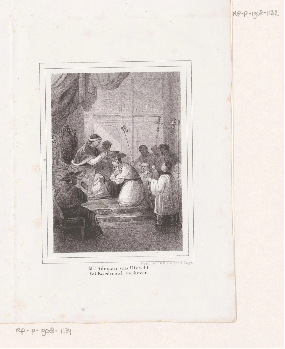 Scène uit het leven van Paus Adrianus VI: Adrianus wordt tot kardinaal verheven door Paus Leo X by anonymous, print, 1845-1847