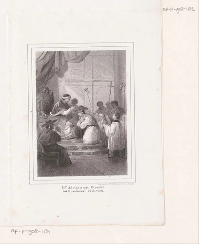 Scène uit het leven van Paus Adrianus VI: Adrianus wordt tot kardinaal verheven door Paus Leo X by anonymous, print, 1845-1847