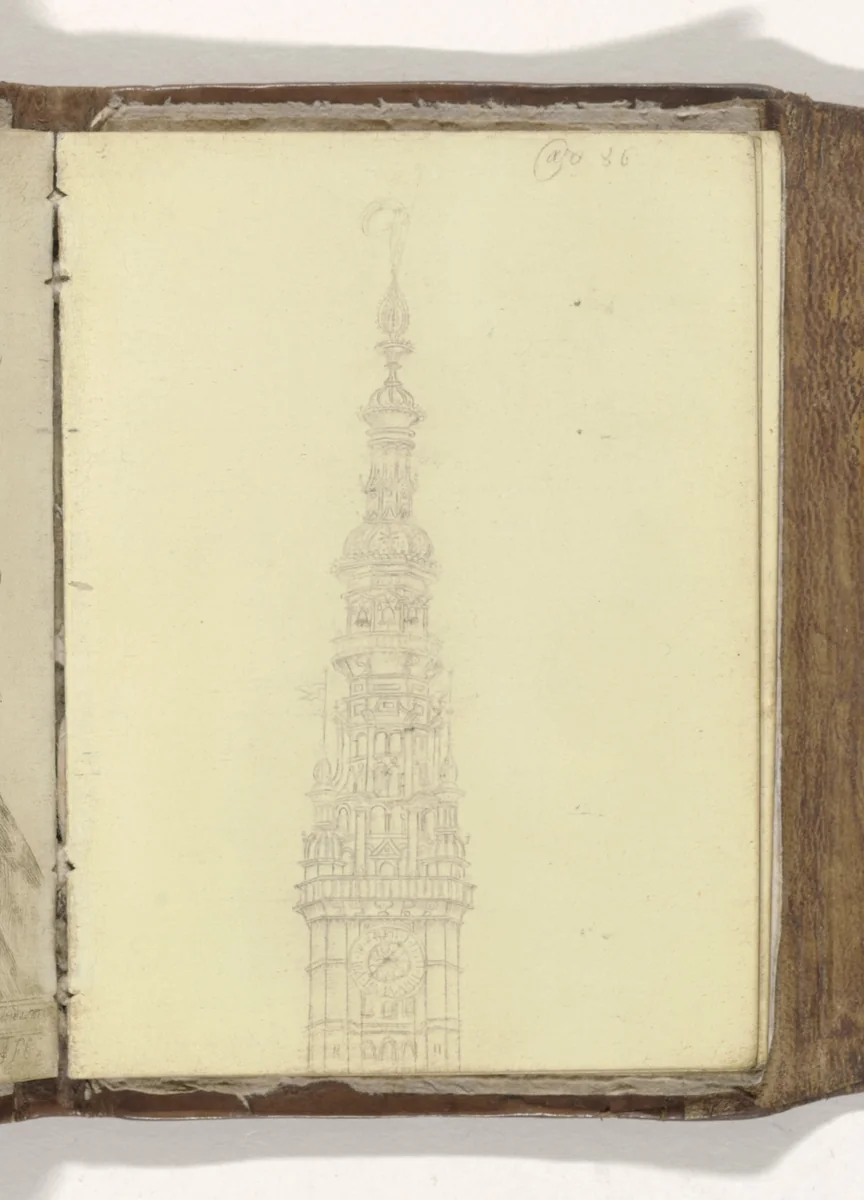 Kerktoren met Fortuna op de spits by anonymous, drawing, 1586