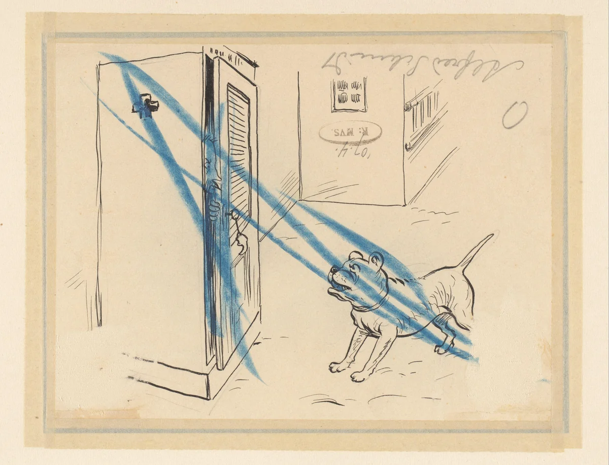 Man verstopt zich voor een hond in een kast by Alfred Michael Roedstad Schmidt, drawing, 1868-1907