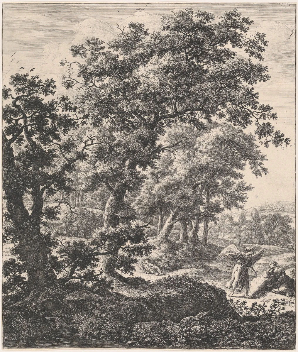 Hagar Consoled by the Angel by Anthonie Waterloo, print, 1620-1690