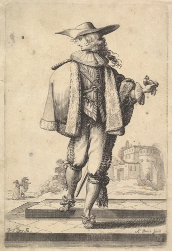 A gentleman walking forward, his face in profile to the left, holding his glove in his right hand and wearing a hat, a fur jacket, and shoes with ribbons, from "The Garden of the French Nobles In Which One Can Pick Up Their Way of Dressing" by Abraham Bosse, print, 1629
