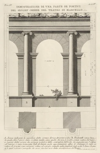 Elevation and plan of the second-order portico at the Theater of Marcellus (Teatro di Marcello), Rome, from "Le Antichità Romane" by Giovanni Battista Piranesi, print, 1756