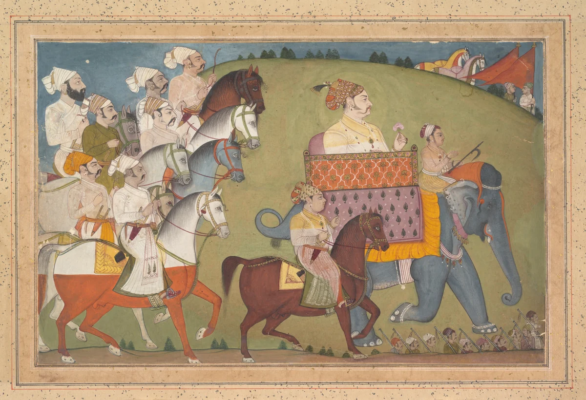 Maharaja Raj Singh in Procession with Members of His Court by Nihal Chand, painting, 1650-1750