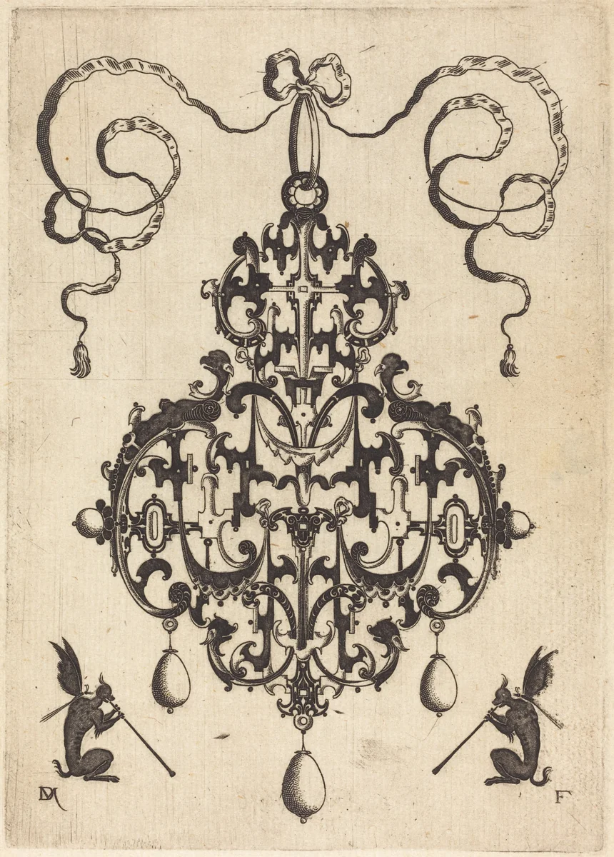 Large Pendant, Two Winged Fantasy Creatures with Trumpets at Bottom by Daniel Mignot, print, 1596