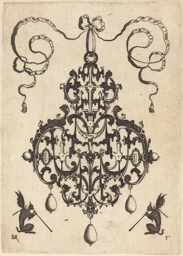 Large Pendant, Two Winged Fantasy Creatures with Trumpets at Bottom by Daniel Mignot, print, 1596