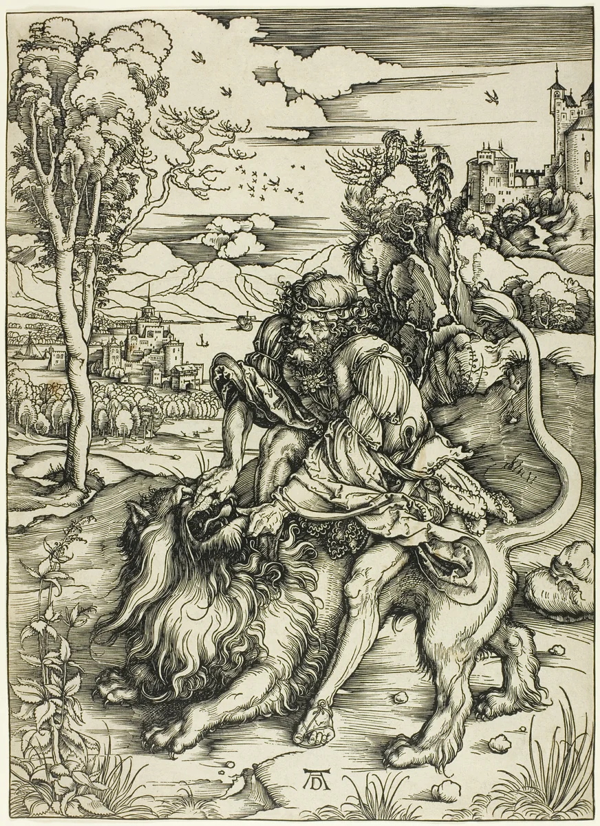 Samson Rending the Lion by Albrecht Dürer, print, 1491-1501