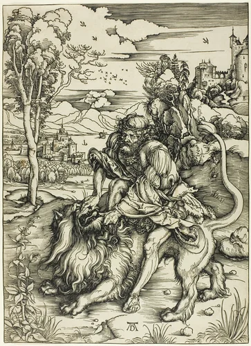 Samson Rending the Lion by Albrecht Dürer, print, 1491-1501