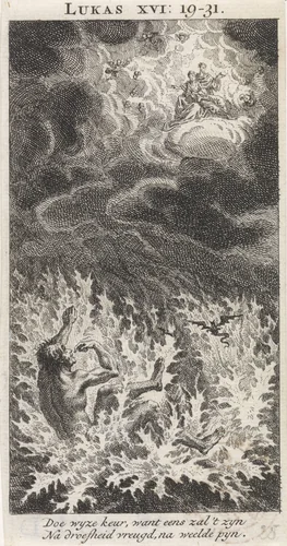Lazarus in Abrahams schoot en de rijke man in de hel by anonymous, print, 1712