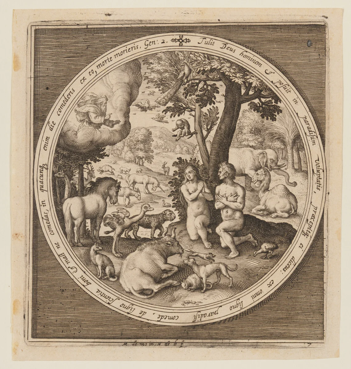 Adam and Eve in Paradise, from The Creation to the Expulsion from Paradise by Nicolaes de Bruyn, print, 1605-1615