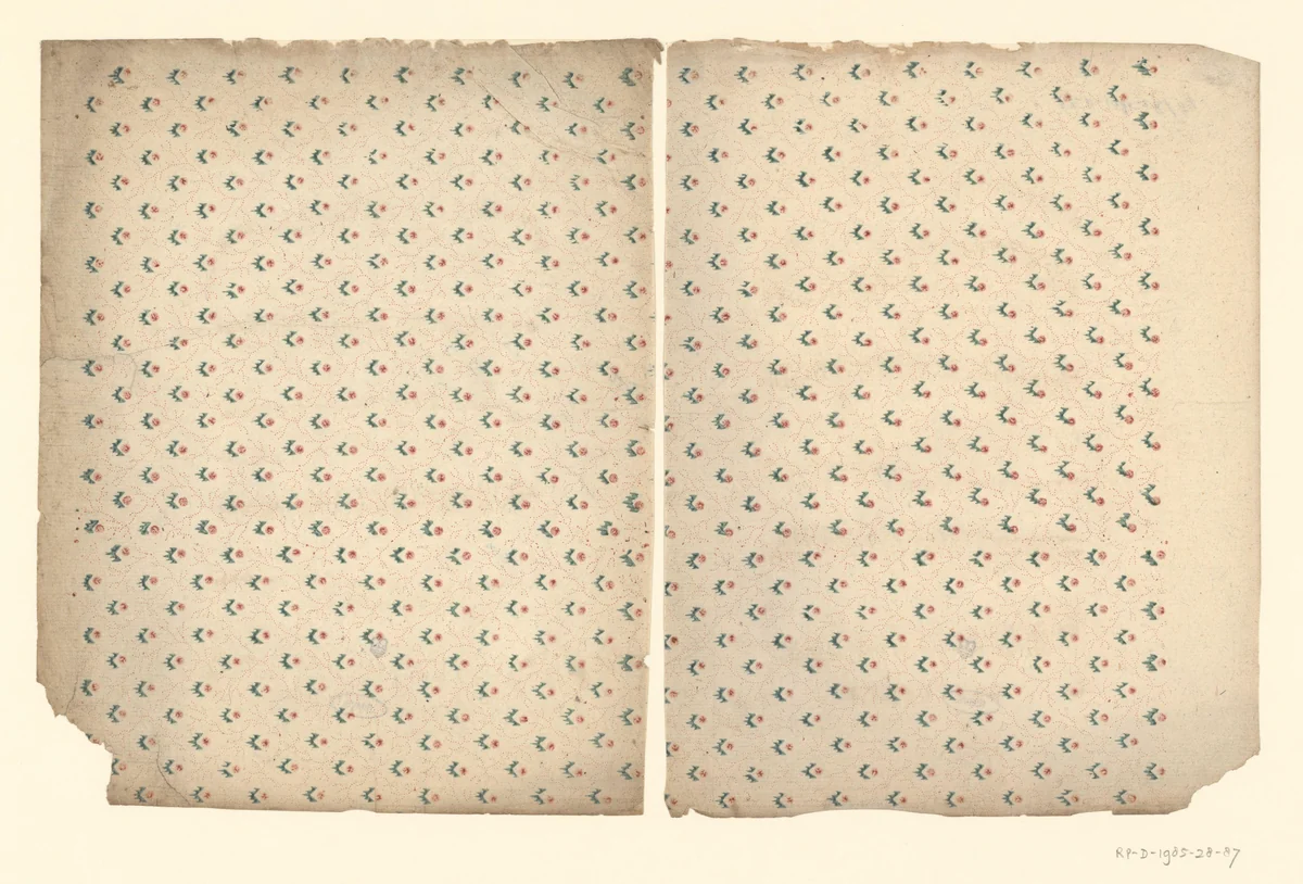 Twee bladen met strooipatroon van bloemmotief tussen stippellijnen by anonymous, other, 1750-1900