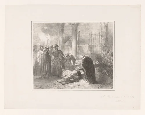 Lichamen van Romeo en Julia te midden van rouwende figuren by Charles Rochussen, print, 1853
