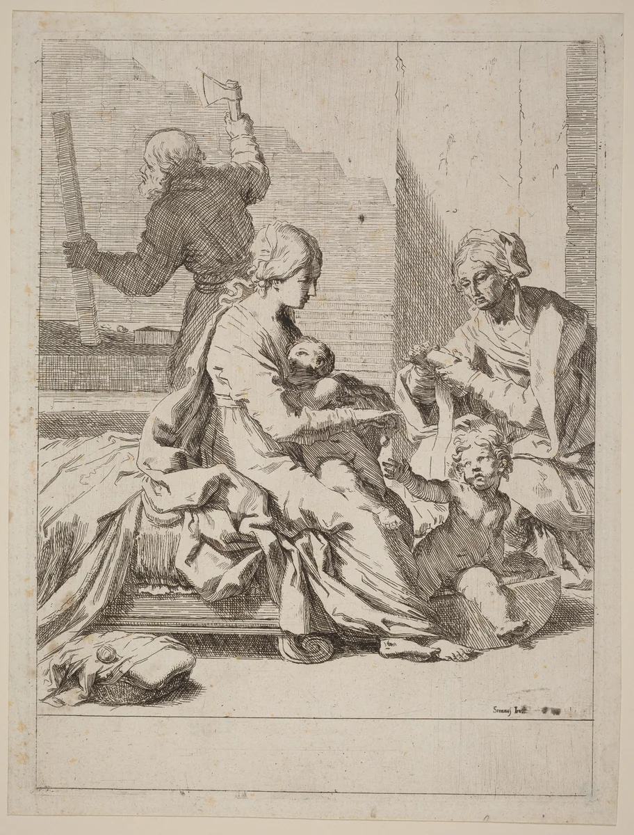 The Holy Family with Saint Elizabeth and Saint John the Baptist by Elisabetta Sirani, print, 1650-1660