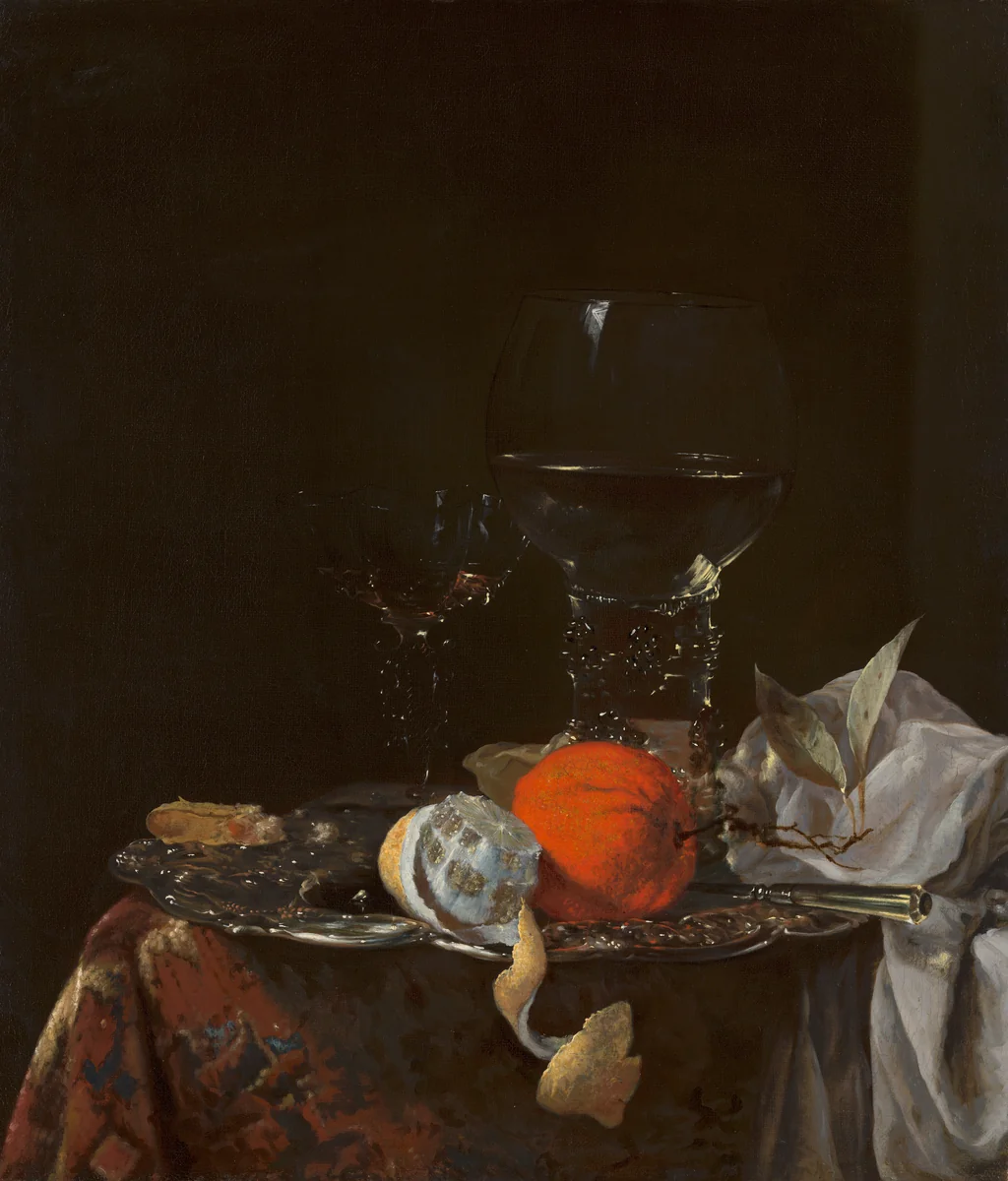 Still Life with Fruit and Wineglasses on a Silver Plate by Willem Kalf, painting, 1659