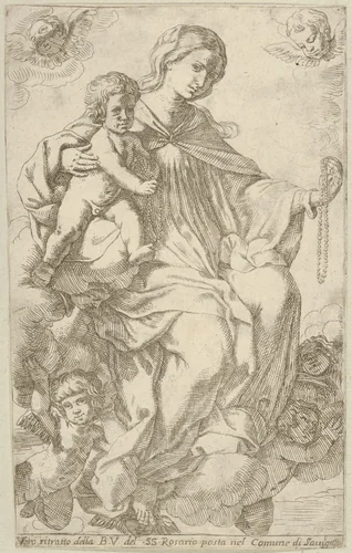 The Virgin in the clouds holding a rosary in her left hand and embracing the infant Christ, who also holds a rosary, angels surrounding them by Lorenzo Loli, print, 1625-1660