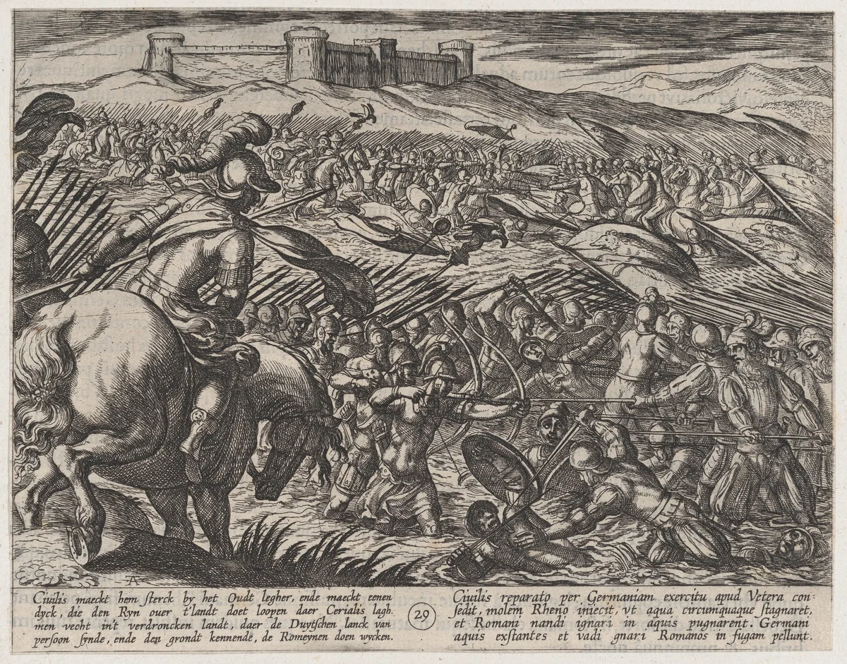 Plate 29: Civilis Floods the Land by Defensively Breaking the Dikes, from The War of the Romans Against the Batavians (Romanorvm et Batavorvm societas) by Antonio Tempesta, print, 1611-1612