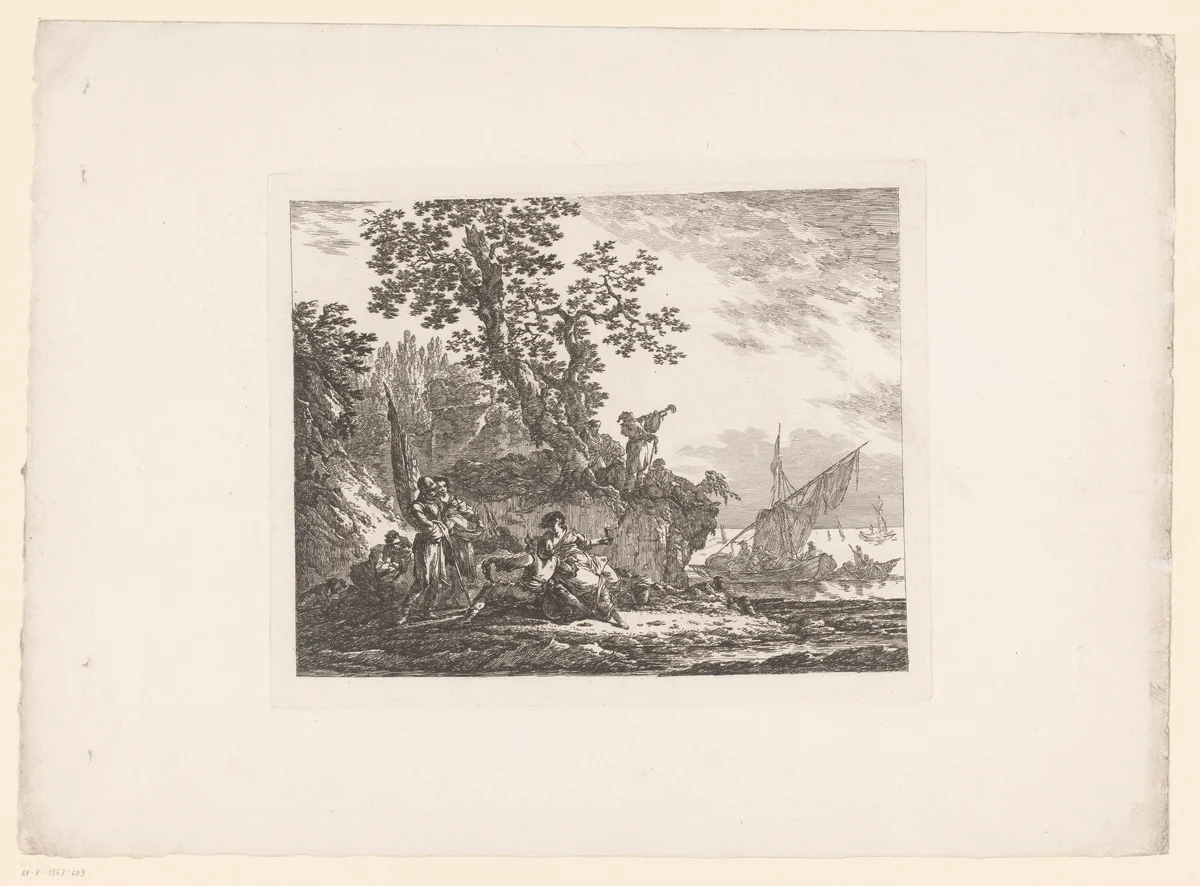 Landschap met sloepen en zeelieden aan land by anonymous, print, 1793-1832