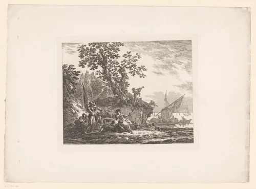 Landschap met sloepen en zeelieden aan land by anonymous, print, 1793-1832