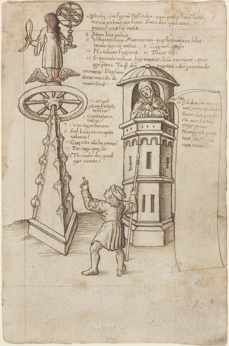 The Statue of Opportunity, a Passer-by, and Remorse [fol. 8r] by French early 16th Century, drawing, 1512-1515