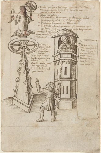 The Statue of Opportunity, a Passer-by, and Remorse [fol. 8r] by French early 16th Century, drawing, 1512-1515