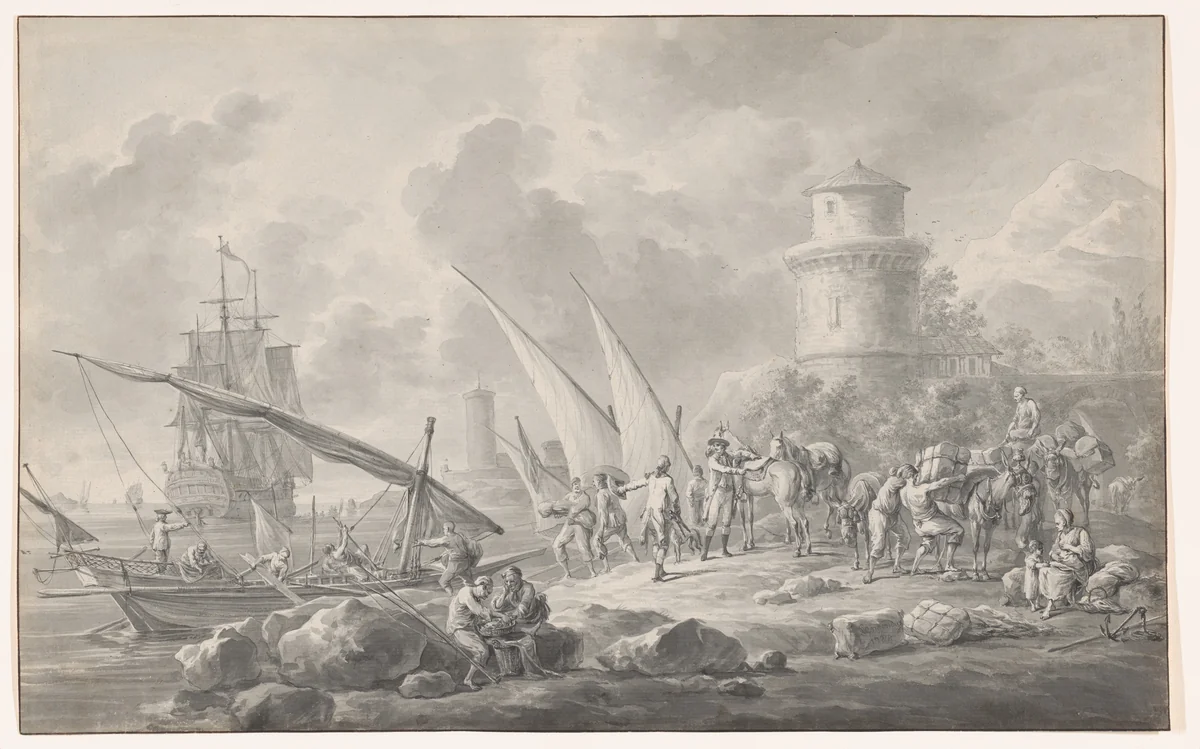 Soldiers Loading Barges for a Large Sailing Ship Along the Coast by Dirk Langendijk, drawing, 1784