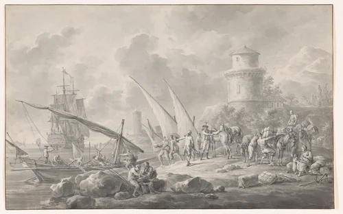 Soldiers Loading Barges for a Large Sailing Ship Along the Coast by Dirk Langendijk, drawing, 1784