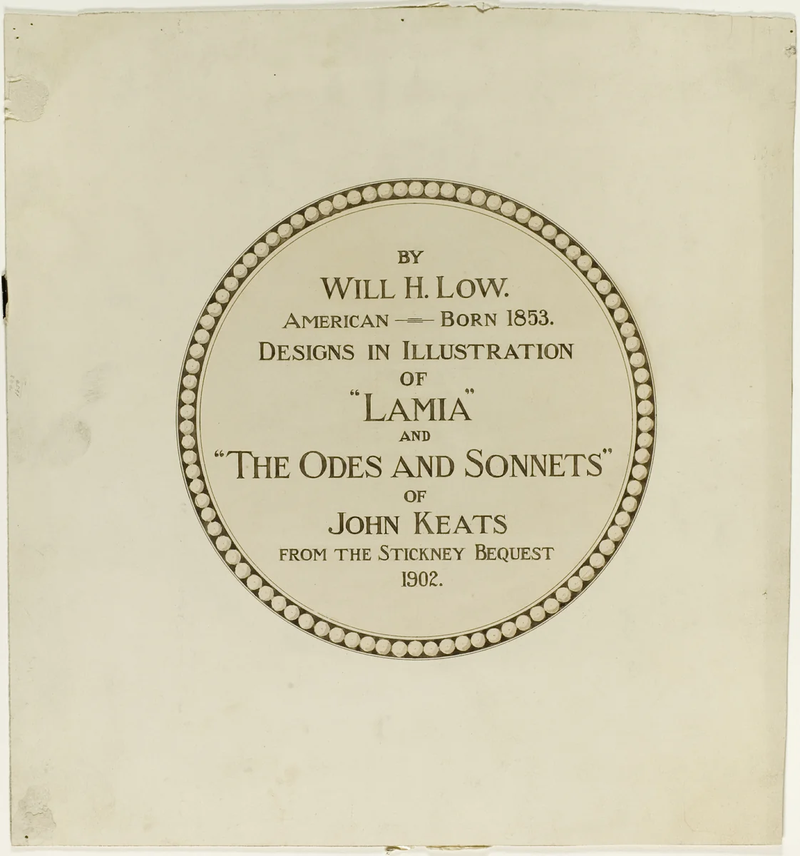 Title Page for the "Odes and Sonnets of John Keats" by Will Hicock Low, drawing, 1883-1902