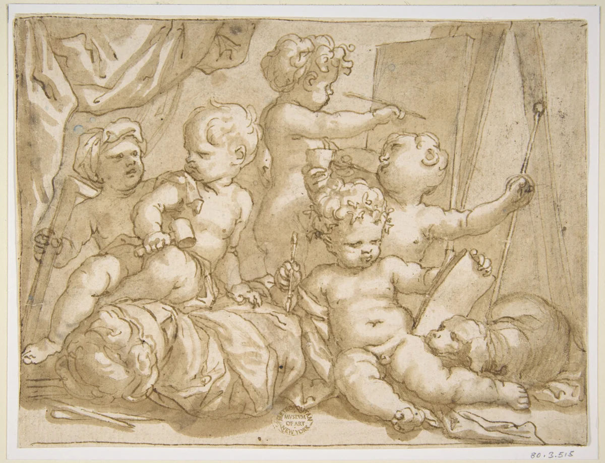 Putti with the Attributes of the Arts by Domenico Piola, drawing, 1627-1703